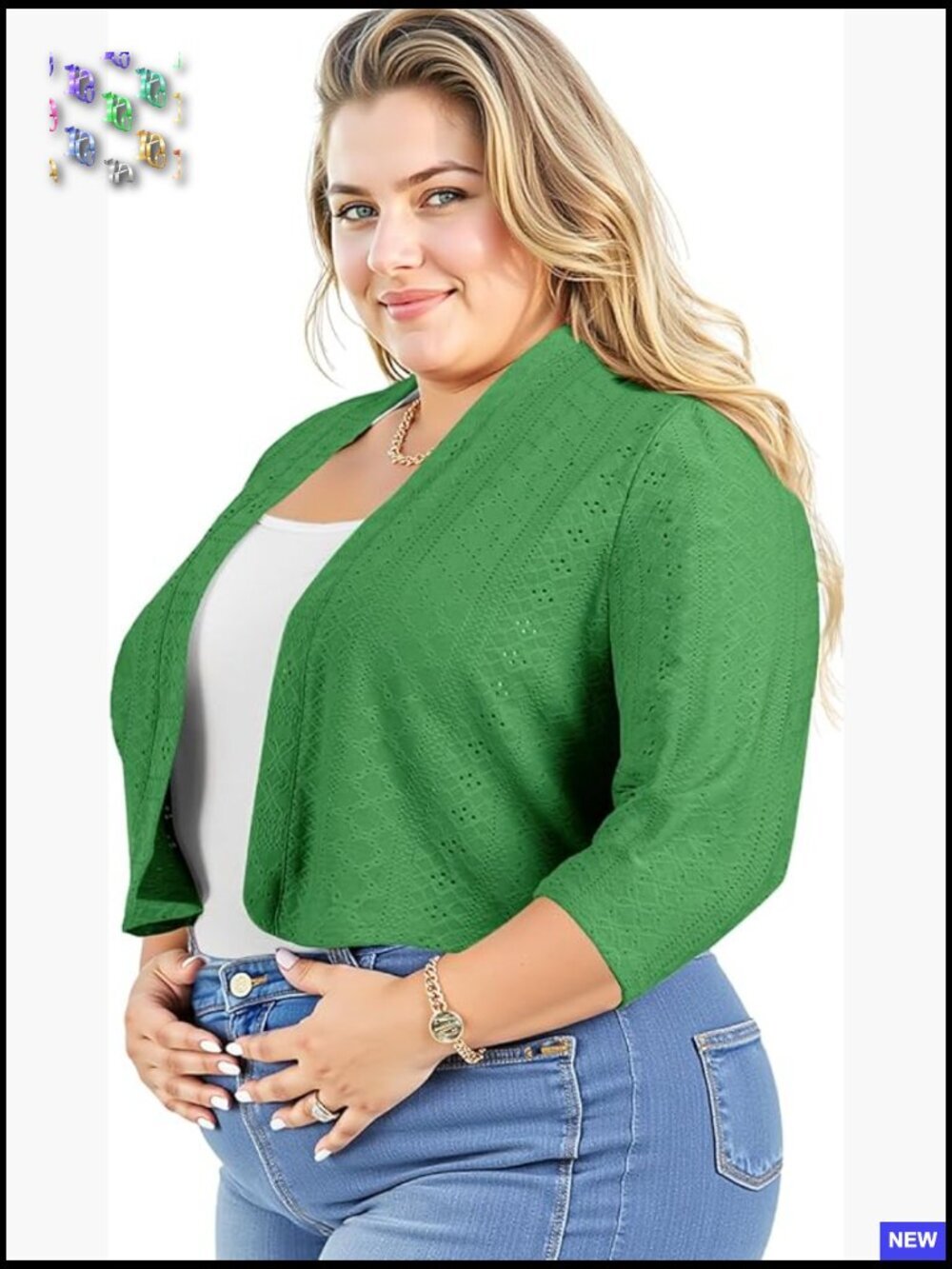 Plus Size Openwork Shrug Cardigan 3/4 Sleeves Cropped Bolero Summer Cover Up